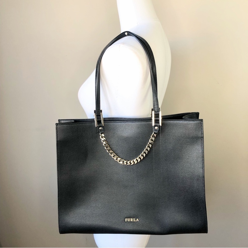 Furla Black Saffiano Leather Gold Chain Handle Classic Large Tote Bag